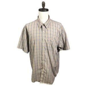 Van Heusen No Iron Beige Plaid Short Sleeve Button Up Shirt XXL